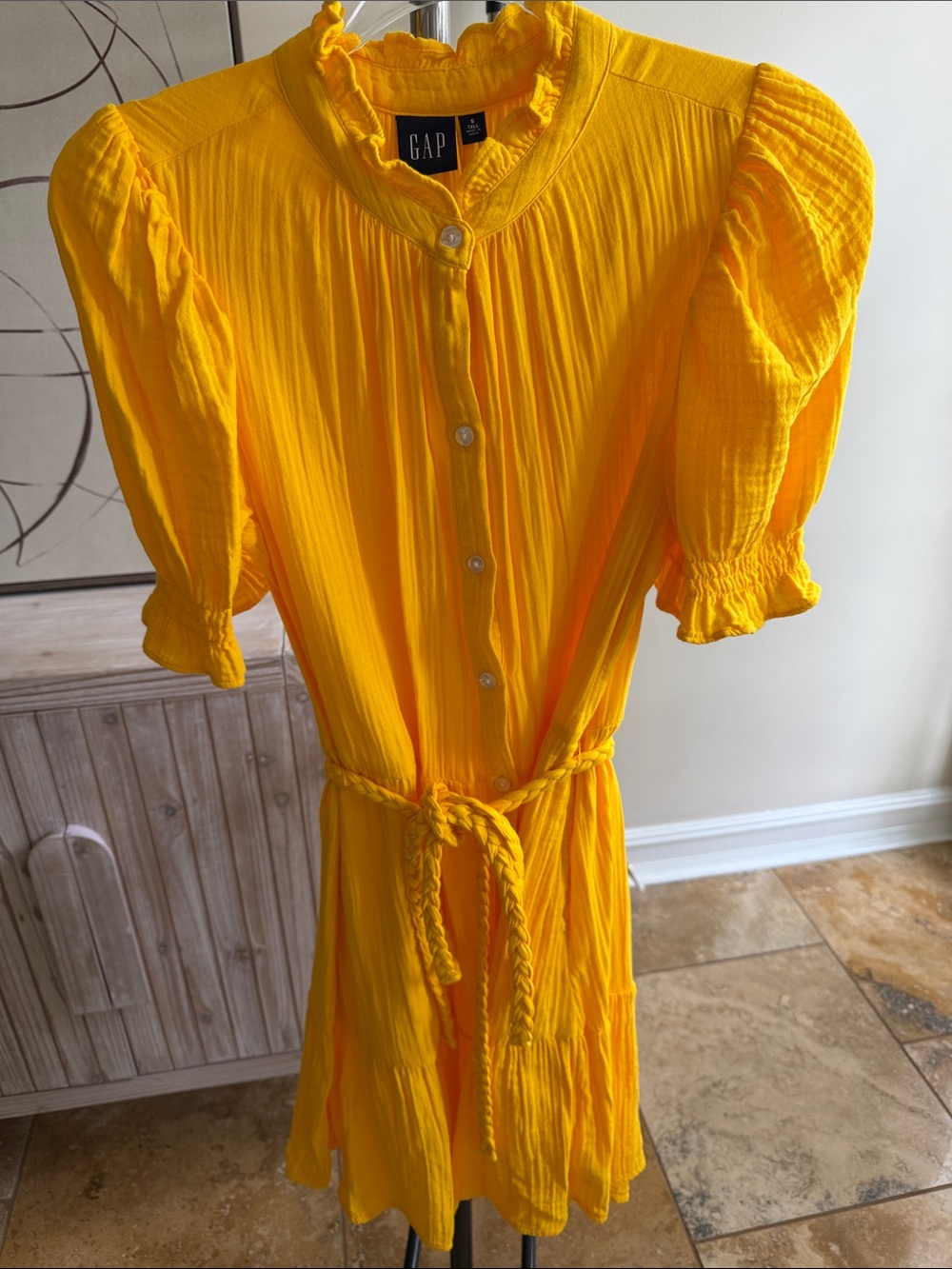 GAP Yellow Button-Front Dress with Braided Tie